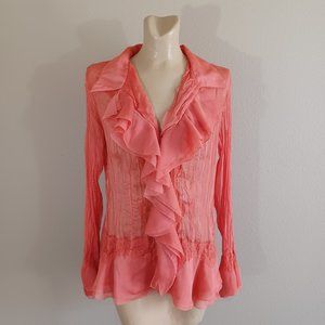 MK Solo Sexy Sheer Lace Chiffon Satin Bell Cuff Vintage Top Orange XL France